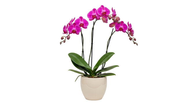 Isolated flowering orchid plant in pot, vibrant magenta blossoms, elegant and graceful, indoor decoration