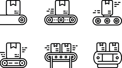 Conveyor belt with boxes icons in different styles on white background Keywords: conveyor belt