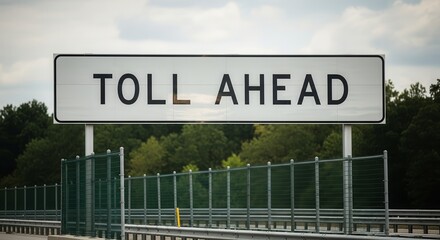 Obraz premium Toll Ahead Sign: Road Infrastructure and Financial Implications Illustrated in Scenic Shot