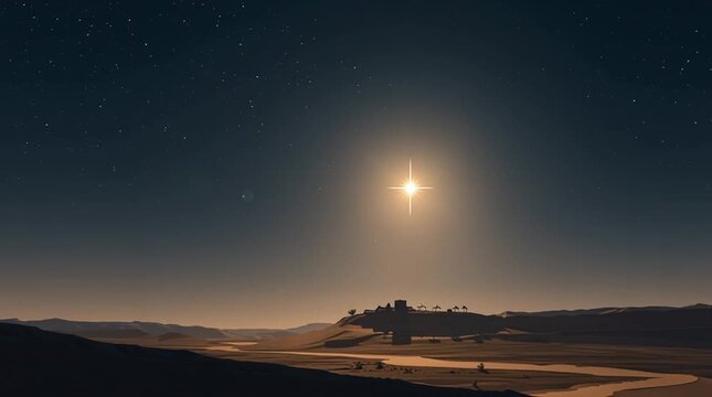 Minimal night desert scene with a single shining star above a small stable silhouette. Calm, spiritual, and simple composition with dark sky and subtle sand shapes.