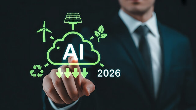 AI power and green energy transition with a man touching digital interface - Powered by Adobe