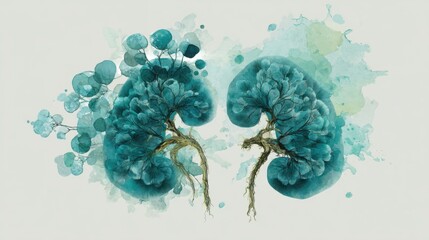Two vivid moss kidneys centered over a subtle, digitally-painted watercolor splash in shades of teal and sage.