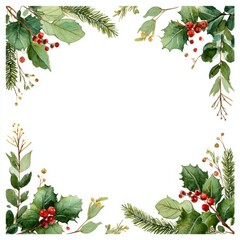 Watercolor Christmas border frame with holly, mistletoe, and pine branches on a white background, in a square shape, clipart