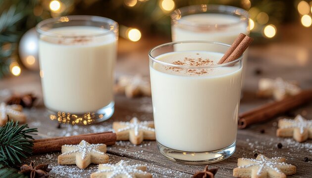 Festive Eggnog in Glasses with Cinnamon Sticks and Star Cookies.