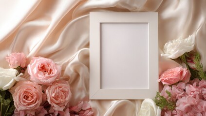 White frame background, the middle of the page is an empty white photo frame surrounded by pink roses and soft cream silk fabric.