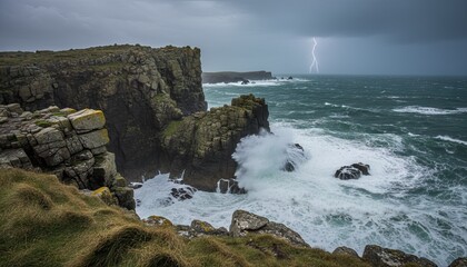 Dramatic lightning strike over rough ocean waves crashing against rugged coastal cliffs under a stormy grey sky