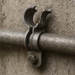 a metal clamp fixed to the wall with bolts. The yoke has a semicircular shape with torn edges, which emphasizes its practical application and durability.