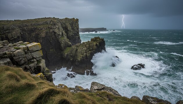 Dramatic lightning strike over rough ocean waves crashing against rugged coastal cliffs under a stormy grey sky