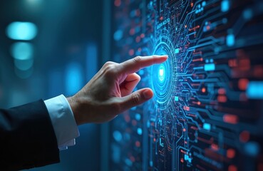 Businessman hand touches glowing digital circuit board interface. Futuristic technology AI data interaction. Cyber security system future connection concept.