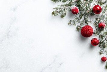 White snow background with Christmas tree branches and red ornaments on the right edge, top view. Flat lay.
