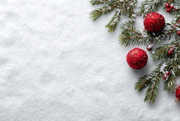White snow background with Christmas tree branches and red ornaments on the right edge, top view. Flat lay.