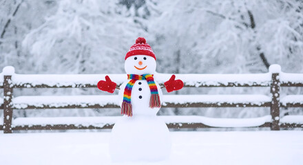 Obraz premium Happy Snowman Wearing Red Hat and Colorful Scarf Standing in Winter Snow Landscape Background
