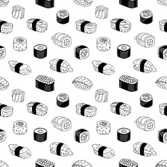 Seamless vector linear sushi pattern isolated on a white background. Black and white sushi rolls. Perfect for packaging, decorating fabrics, wallpaper, or backgrounds.