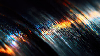 Shimmering abstract close-up of parallel lines reflecting iridescent blue, orange, and gold light against a dark background, creating a dynamic and textured glow.