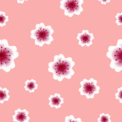 Seamless cherry blossom pattern with soft pink background and delicate flower elements. Elegant floral design suitable for spring themes, textile prints, packaging, invitations and decorative projects
