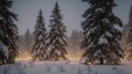 Snowy Forest Scene with Illuminated Trees in Winter.