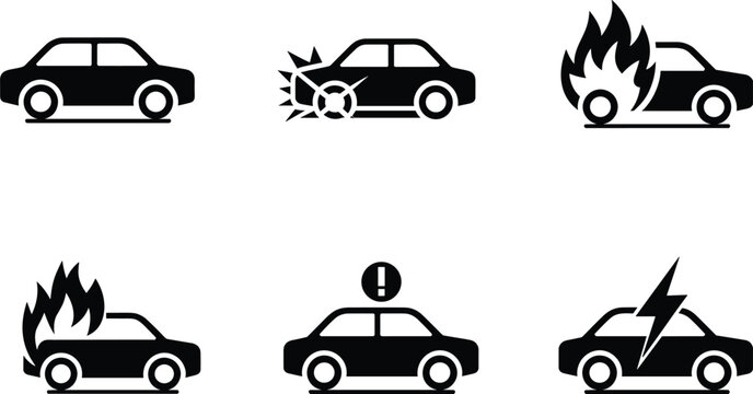 Set of six black car icons representing accidents and damage automobile vehicle