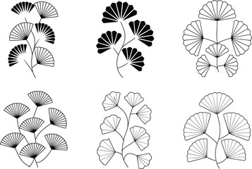 Stylized Ginkgo Leaf Branch Illustrations in Black and White Keywords: ginkgo leaf, branch