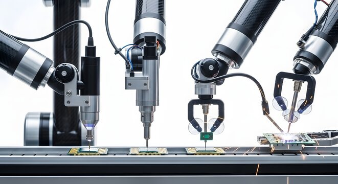Automated robotic arms precisely assembling electronic components on a circuit board