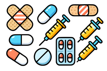 This colorful icon illustration features handdrawn style medical equipment and various types of medicine. Perfect for healthcare, education, and wellness related projects.	