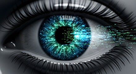 A striking human eye infused with digital technology and glowing blue hues