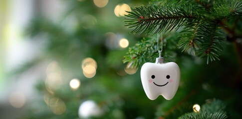 white ornament with a happy tooth hanging on a christmas tree, blurred background, space for text. teeth health concept, dental care, and medical service. 
