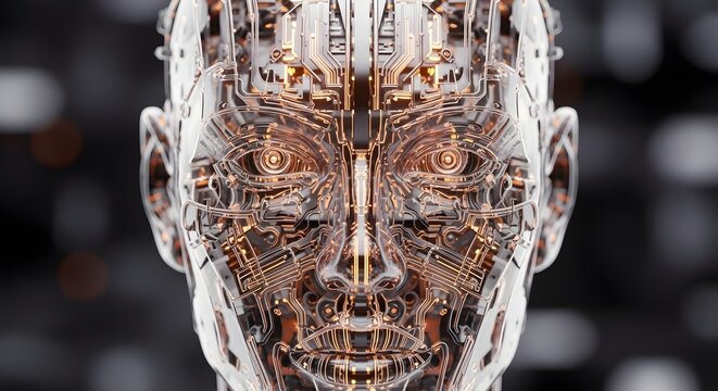 A futuristic translucent robotic head with intricate internal circuitry details