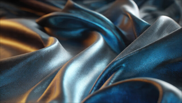 Close-up of shimmering, draped fabric in metallic blue, silver, and gold hues, showcasing elegant folds and reflections. - Powered by Adobe
