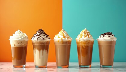 Five iced coffees lined up in plastic cups topped with whipped cream, various drizzles, shavings. Drinks presented against split orange, teal background. Refreshing summer beverages ready for