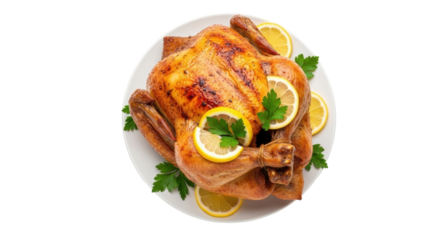 Isolated golden-brown roasted chicken or turkey garnished with fresh parsley and lemon wedges