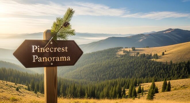 Stunning Pinecrest Panorama Signpost In The Majestic Mountain Landscape Of Sunlit Scenery