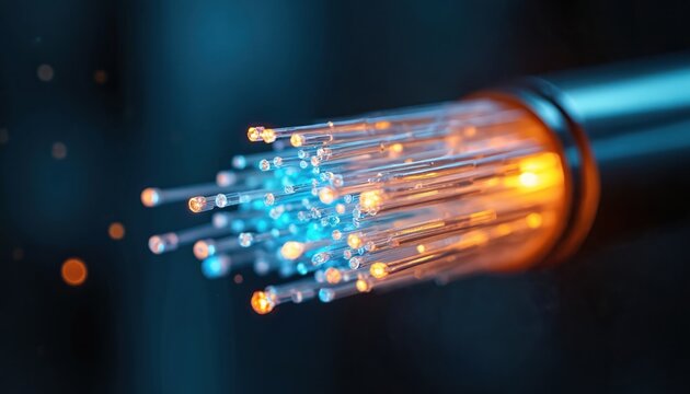 Close-up of fiber optic cable with multiple glass fibers glowing with orange, blue light against dark background. Illuminated fiber optics transmit data at high speed. Cable technology for modern