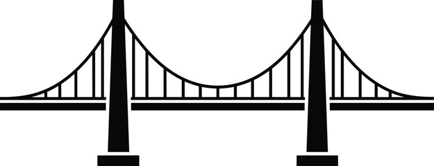 Black silhouette of suspension bridge, engineering architecture vector illustration, city transportation landmark icon, isolated on white background, graphic design element.