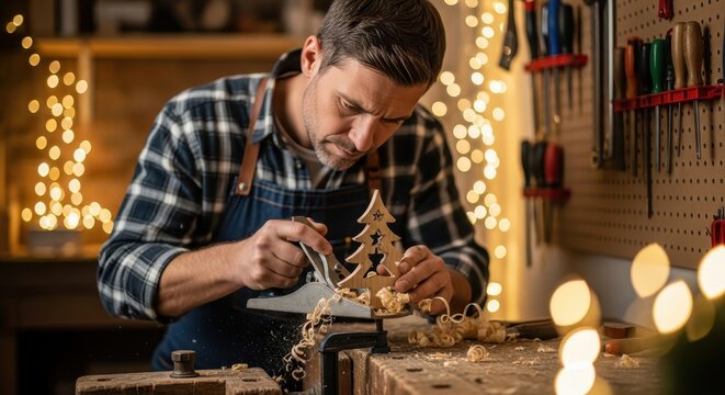 Man carving a wooden Christmas tree ornament using a hand plane in a cozy, festive workshop.