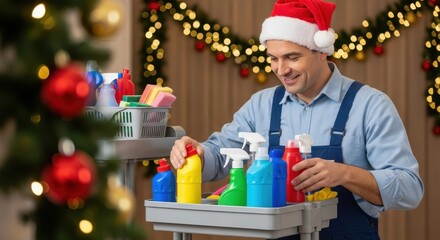 Professional cleaning service staff wearing a Santa hat preparing supplies for holiday work