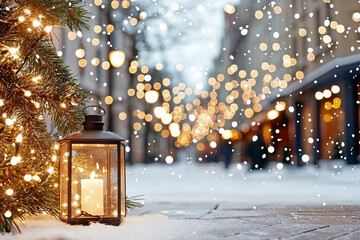 Candle lantern and christmas tree branch on a snowy surface with blurred city street golden bokeh lights background. Festive horizontal winter holiday  