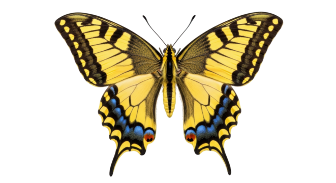 Isolated Old World swallowtail butterfly, large yellow insect with black stripes and blue spots