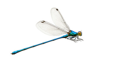 Isolated Damselfly, brilliant blue and green insect of Odonata order, translucent wings