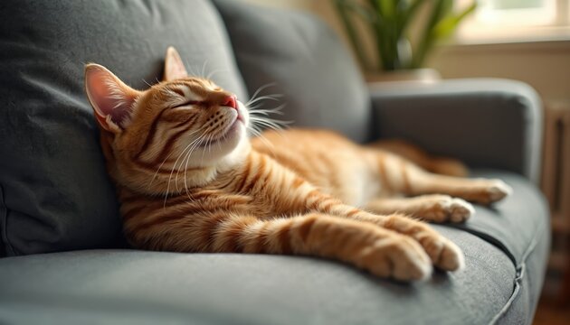 Ginger tabby cat rests happily on a soft gray couch. Eyes closed in contentment, feline enjoys a peaceful moment indoors. Pet relaxes during sunny day on sofa. - Powered by Adobe