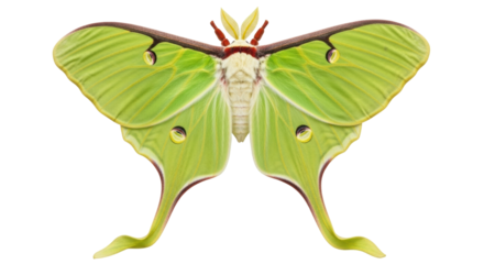 Isolated Luna moth with wings spread wide, a vibrant green and brown nocturnal insect