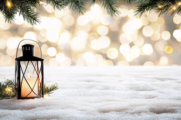 black metal lantern with a lit candle sits on fresh snow, framed by green pine branches with small lights and a shimmering golden bokeh background. festive christmas and winter holiday mood