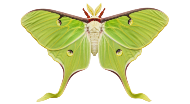 Isolated Luna moth with wings spread wide, a vibrant green and brown nocturnal insect