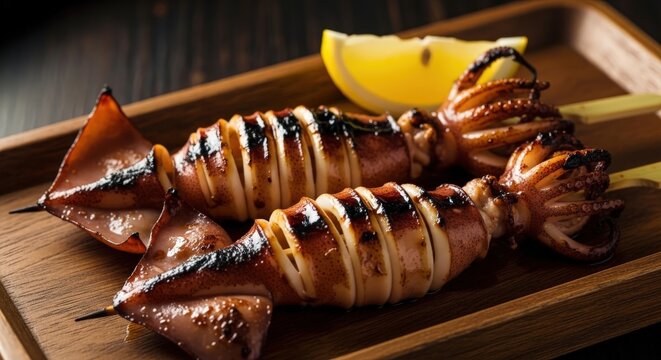 Delicious grilled squid skewers served on a wooden plate with a slice of lemon