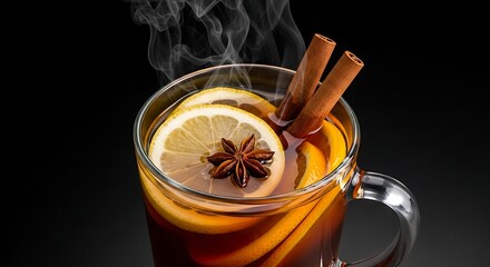 Dramatically lit glass mug of hot spiced tea or Glühwein with orange, lemon, star anise, and cinnamon sticks.