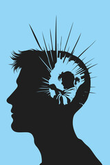 Surreal silhouette artwork showing a man’s profile with an inner figure carving through the mind, symbolizing self-discovery, healing, and transformation. Ideal for themes of psychology, therapy, and 