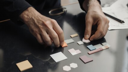 Hands arranging small square and hexagonal pieces on a dark table, possibly for a craft or design project.