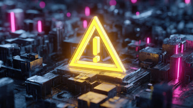 A glowing yellow warning symbol signifies danger or critical alert within a futuristic, dark, intricate digital cityscape with vibrant pink lights.