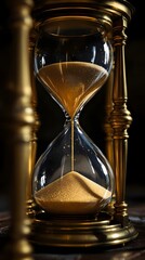 Golden hourglass with flowing sand, symbolizing time, deadline, urgency and patience.
