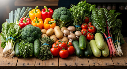 Abundant and fresh assortment of colorful, healthy vegetables arranged on a rustic wooden surface.