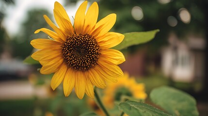 A vibrant sunflower in full bloom, its golden petals radiating warmth and joy, set against a soft, blurred backdrop of lush greenery and a charming suburban home